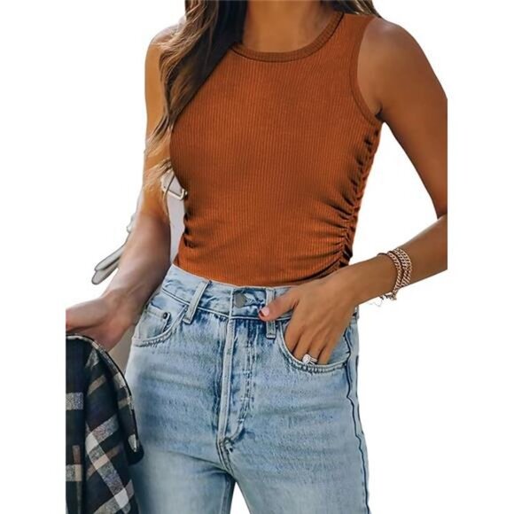 Womens Tank Tops 2024 Sleeveless Summer Tops High Neck Ribbed Knit Shirts - Picture 6 of 6